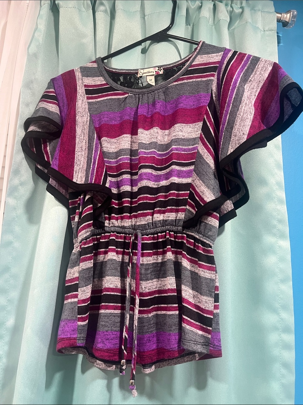 Speechless Striped Pink, Purple & Gray Flutter-Sleeve Blouse with Drawstring
